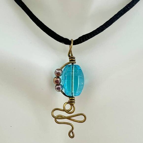 Sea Blue Cypress Goddess Bronze Wire Wrapped Handmade Pendant - Picture 1 of 4